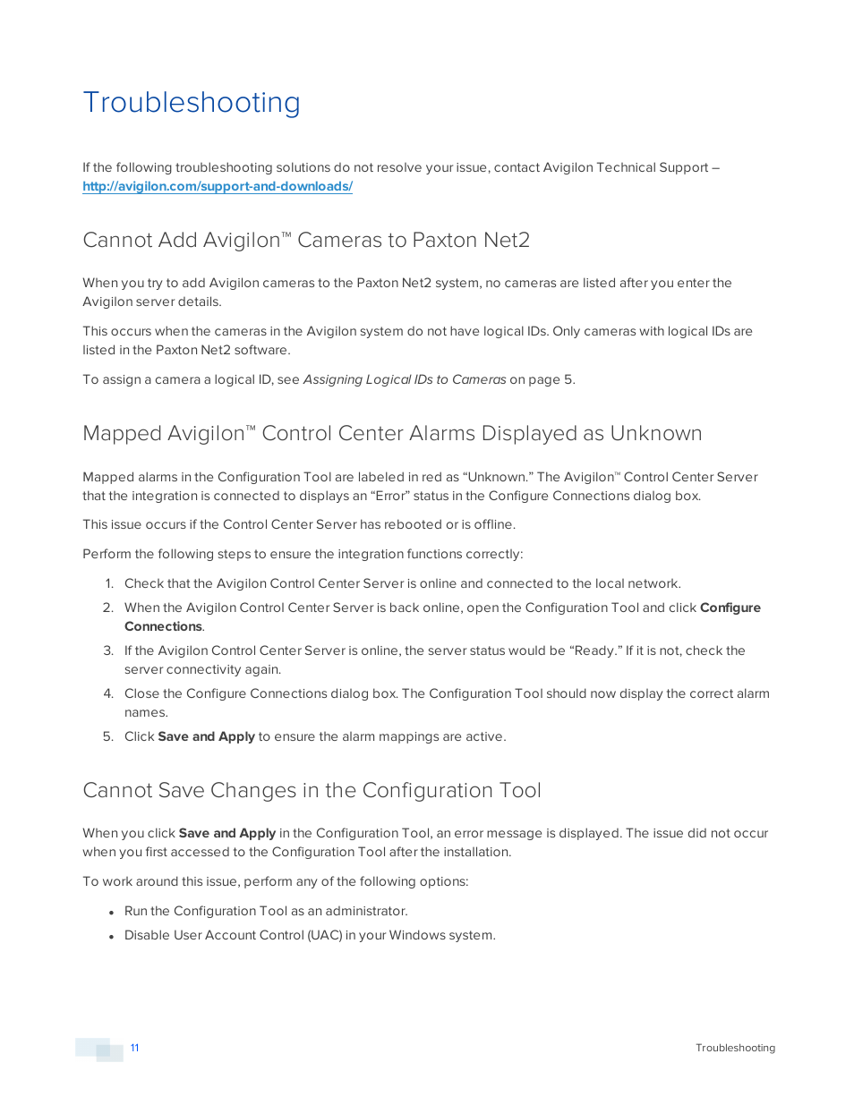 Troubleshooting, Cannot add avigilon™ cameras to paxton net2, Cannot save changes in the configuration tool | Avigilon Paxton Net2 Integration User Manual | Page 14 / 15