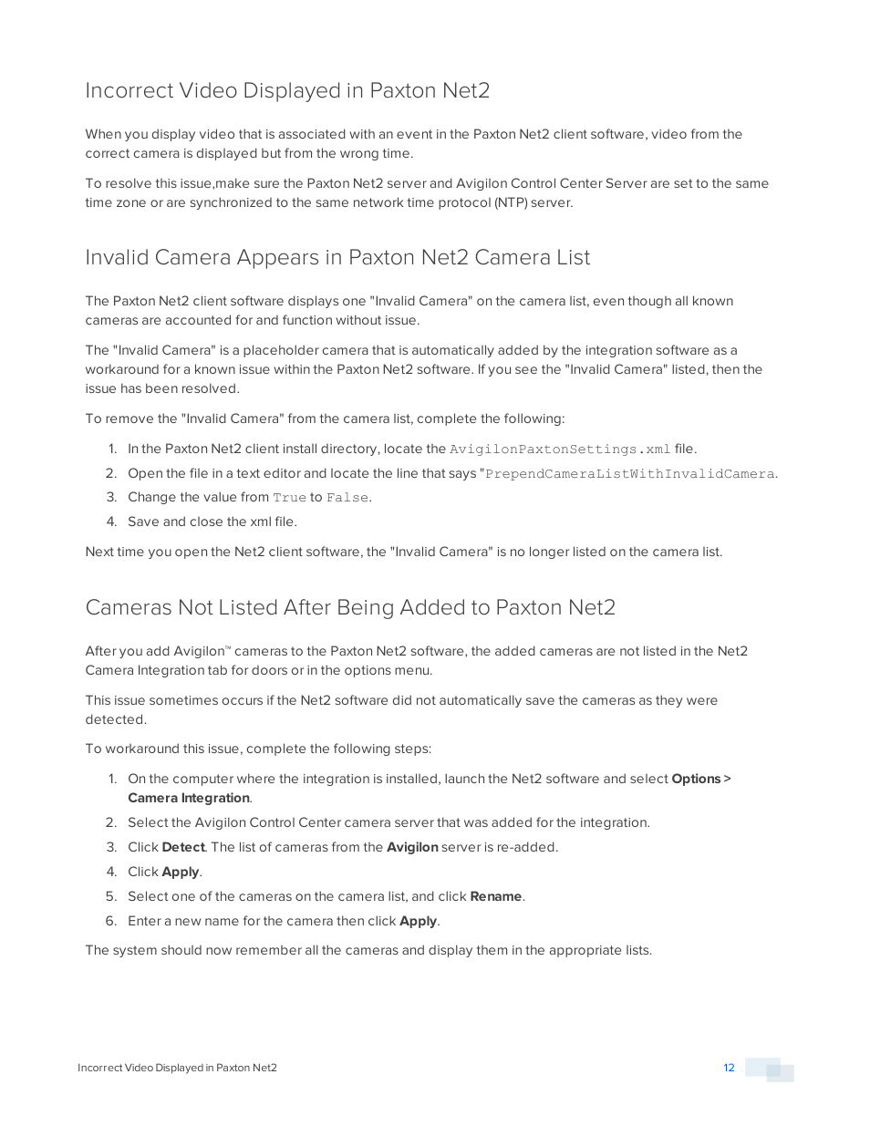 Incorrect video displayed in paxton net2, Invalid camera appears in paxton net2 camera list | Avigilon Paxton Net2 Integration User Manual | Page 15 / 15