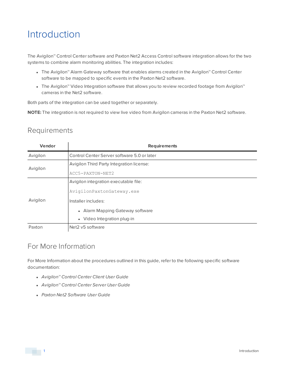 Introduction, Requirements, For more information | Avigilon Paxton Net2 Integration User Manual | Page 4 / 15