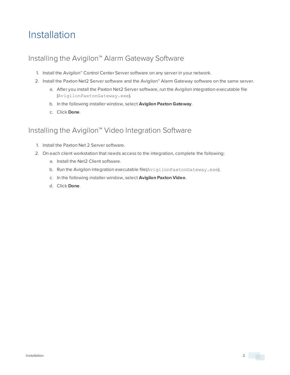 Installation, Installing the avigilon™ alarm gateway software | Avigilon Paxton Net2 Integration User Manual | Page 5 / 15