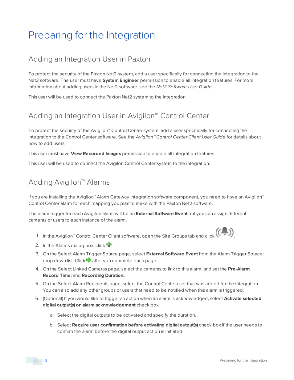 Preparing for the integration, Adding an integration user in paxton, Adding avigilon™ alarms | Avigilon Paxton Net2 Integration User Manual | Page 6 / 15