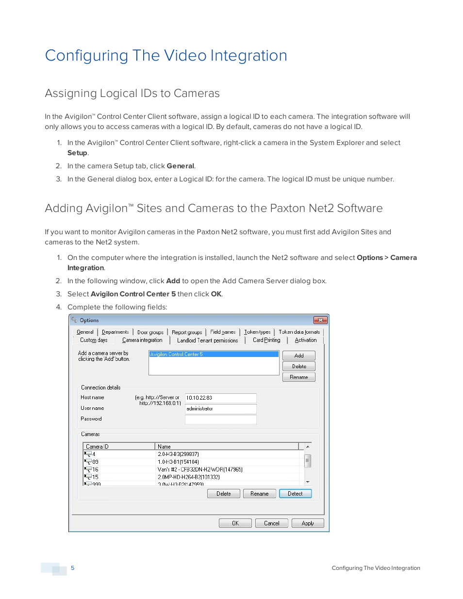 Configuring the video integration, Assigning logical ids to cameras | Avigilon Paxton Net2 Integration User Manual | Page 8 / 15