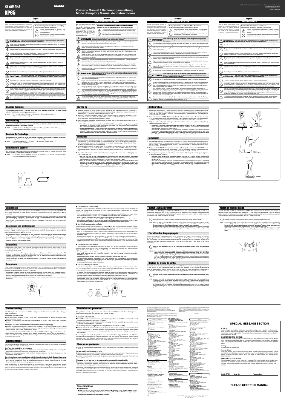 Kp65, Setting up einrichten configuration instalación, Please keep this manual | Yamaha KP65 User Manual | Page 2 / 4