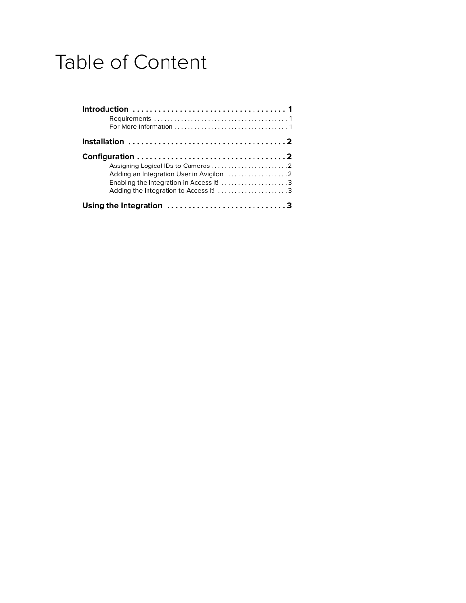 Table of content | Avigilon RS2 AccessIt Integration User Manual | Page 3 / 7