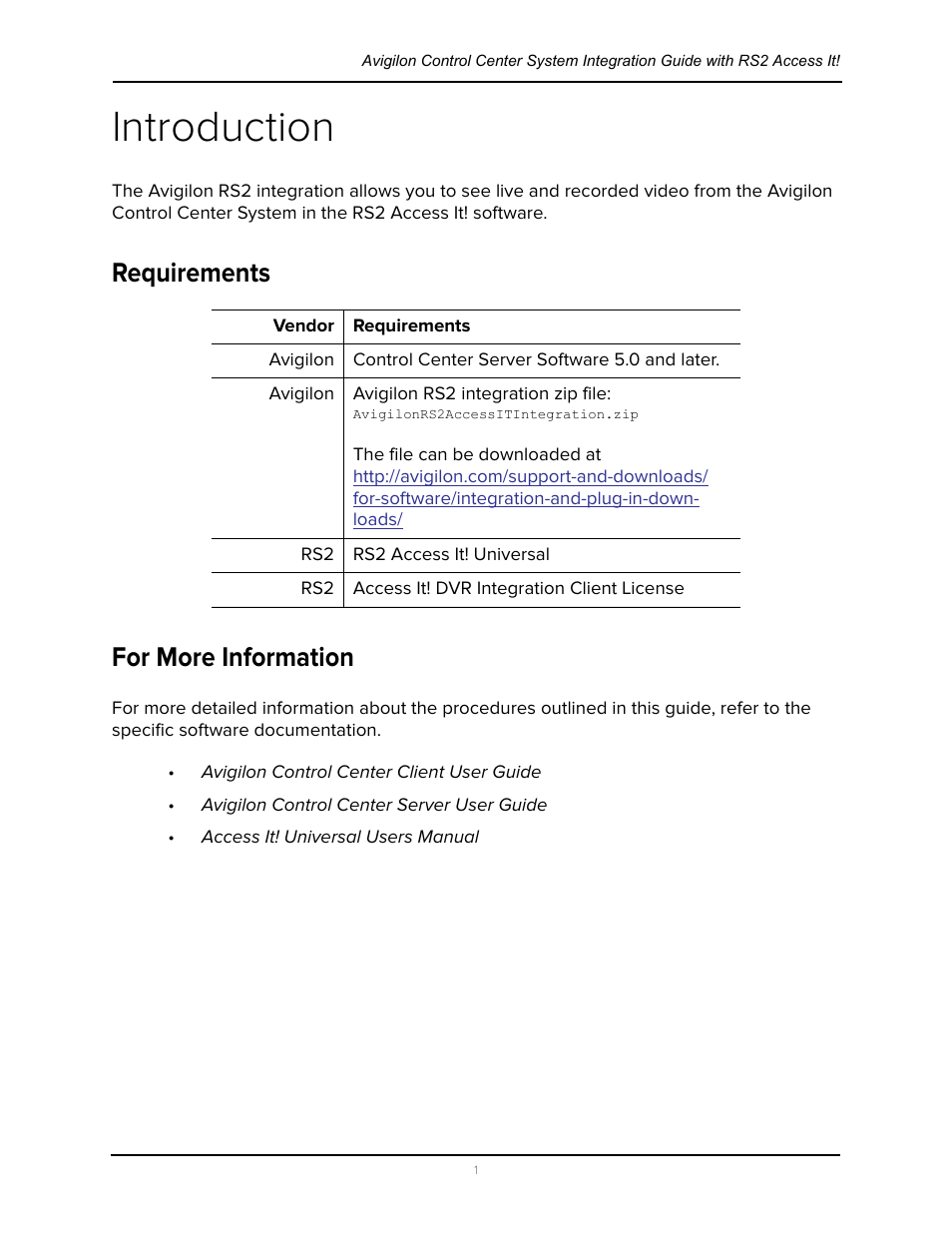 Introduction, Requirements, For more information | Requirements for more information | Avigilon RS2 AccessIt Integration User Manual | Page 5 / 7