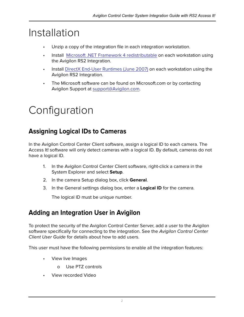 Installation, Configuration, Assigning logical ids to cameras | Adding an integration user in avigilon | Avigilon RS2 AccessIt Integration User Manual | Page 6 / 7