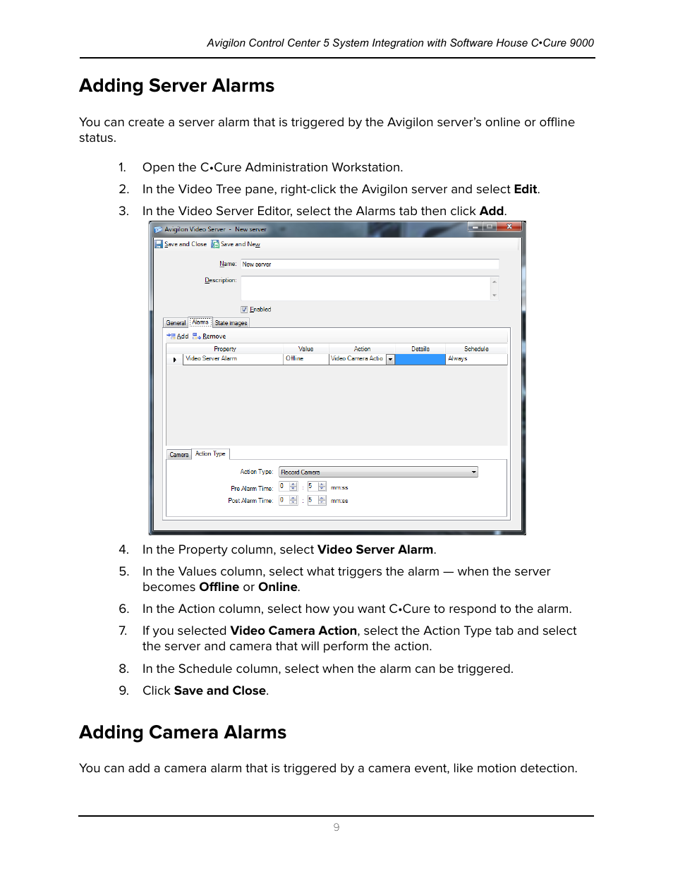 Adding server alarms, Adding camera alarms, Adding server alarms adding camera alarms | Avigilon Software House CCURE 9000 Integration User Manual | Page 12 / 16