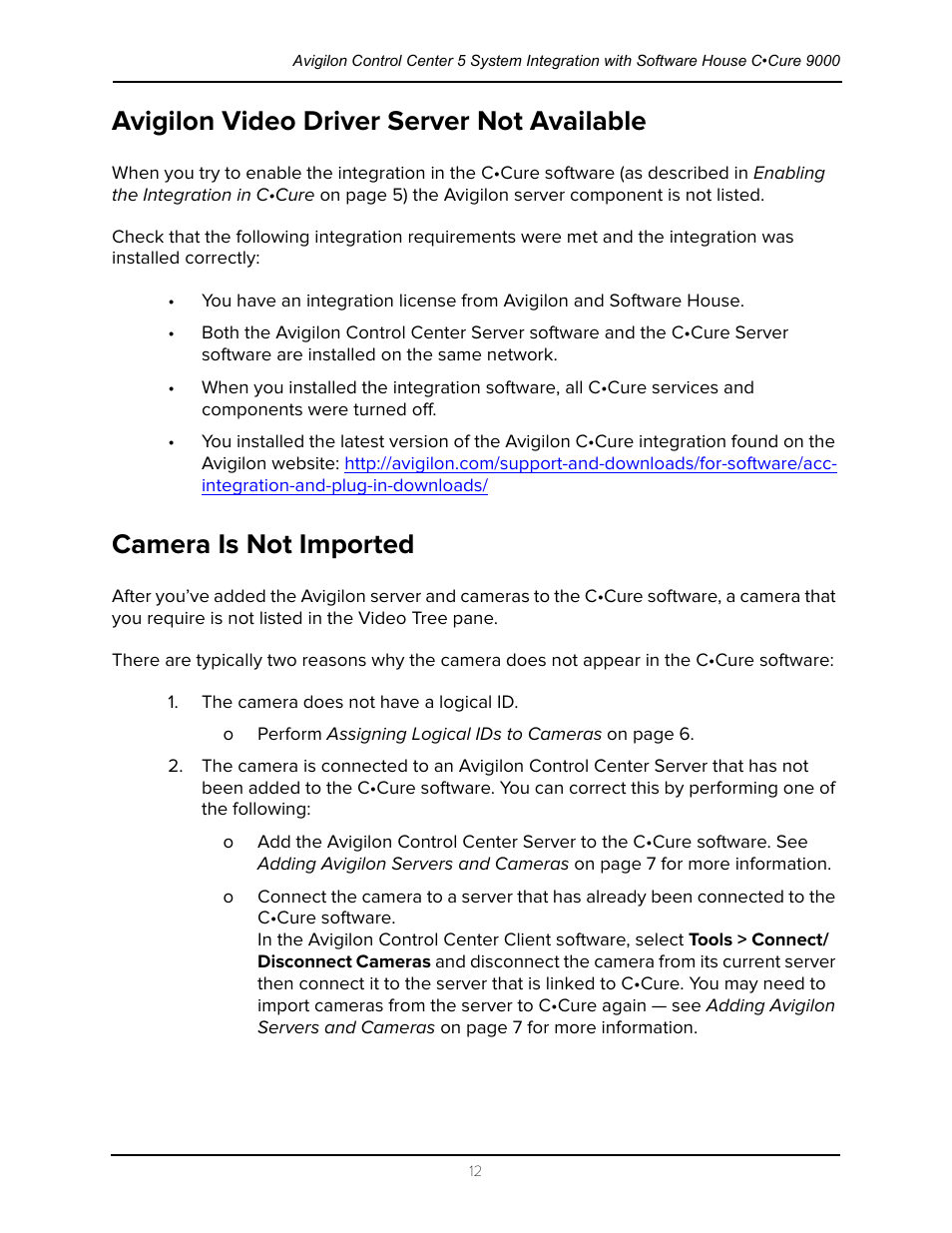 Avigilon video driver server not available, Camera is not imported | Avigilon Software House CCURE 9000 Integration User Manual | Page 15 / 16