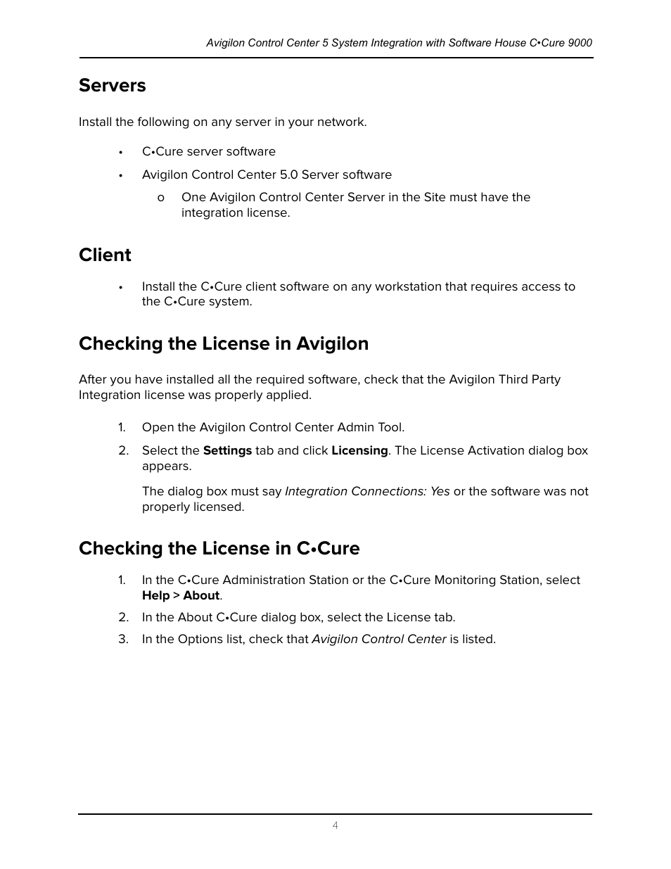 Servers, Client, Checking the license in avigilon | Checking the license in c•cure | Avigilon Software House CCURE 9000 Integration User Manual | Page 7 / 16