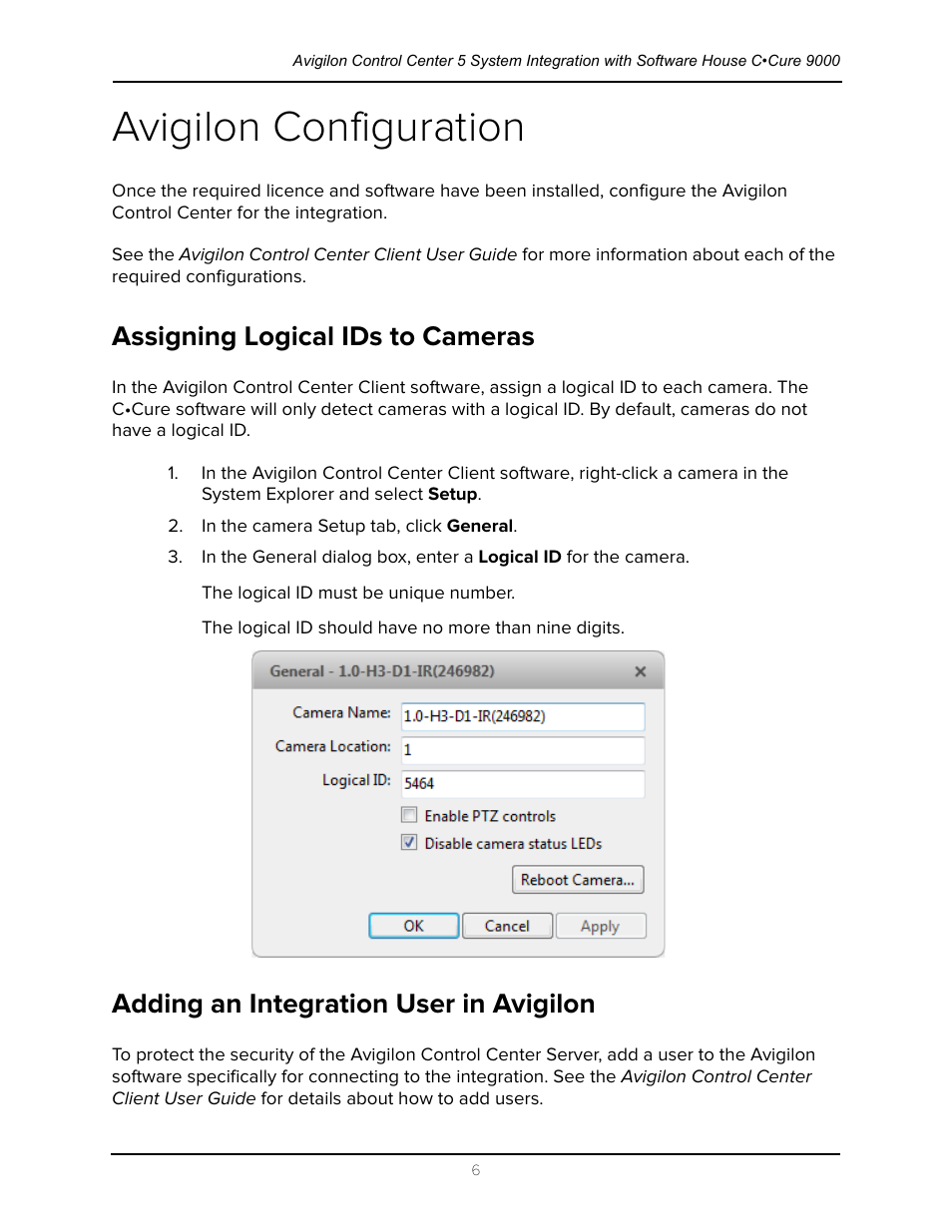 Avigilon configuration, Assigning logical ids to cameras, Adding an integration user in avigilon | Avigilon Software House CCURE 9000 Integration User Manual | Page 9 / 16