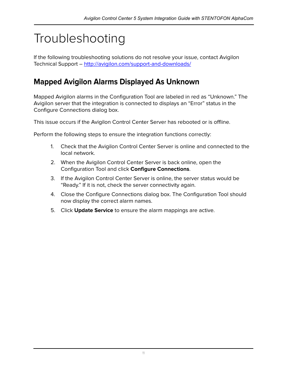 Troubleshooting, Mapped avigilon alarms displayed as unknown | Avigilon Stentofon AlphaCom Integration User Manual | Page 14 / 14