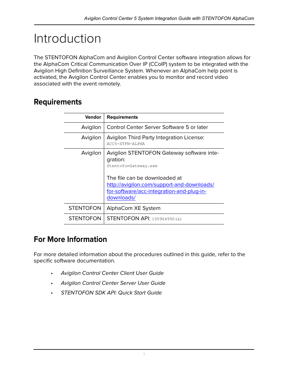 Introduction, Requirements, For more information | Requirements for more information | Avigilon Stentofon AlphaCom Integration User Manual | Page 4 / 14