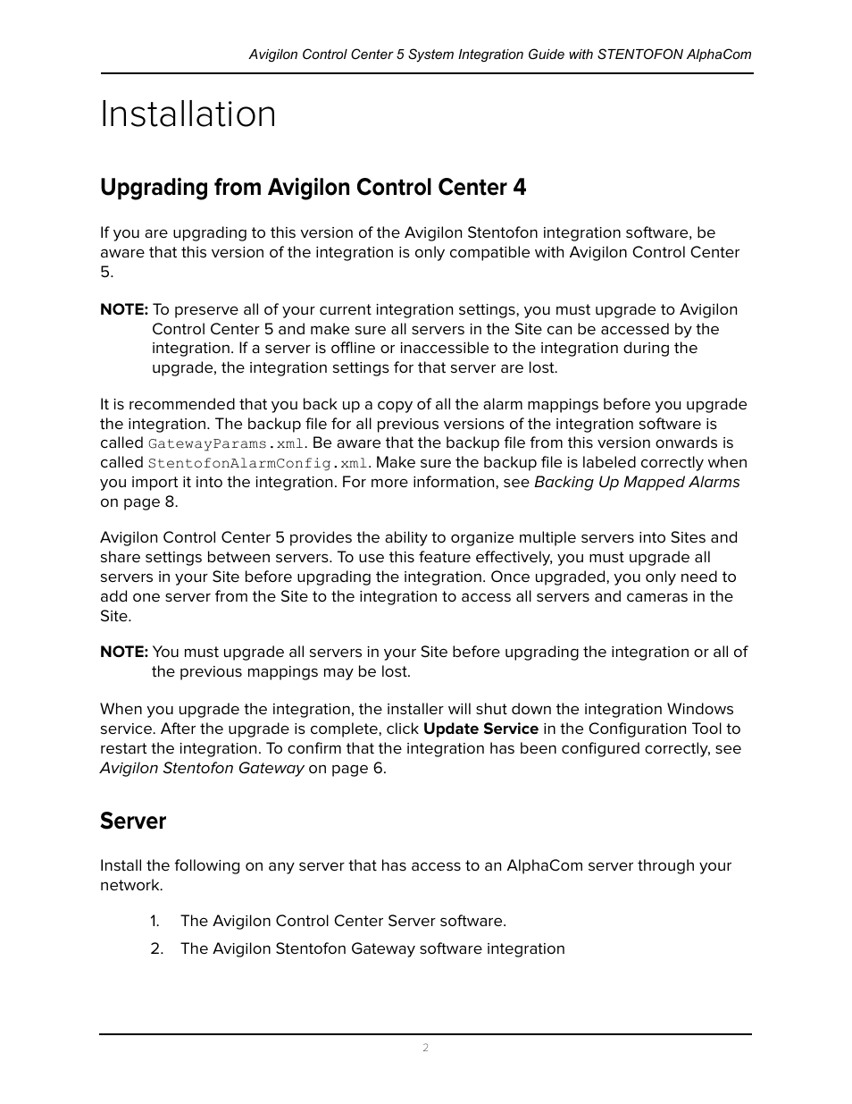 Installation, Upgrading from avigilon control center 4, Server | Upgrading from avigilon control center 4 server | Avigilon Stentofon AlphaCom Integration User Manual | Page 5 / 14