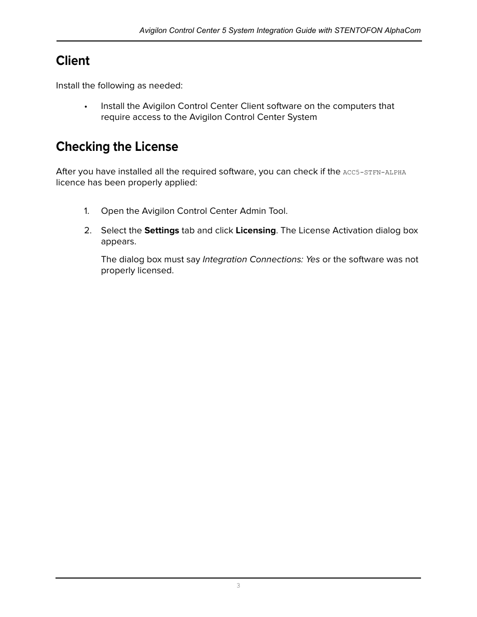 Client, Checking the license, Client checking the license | Avigilon Stentofon AlphaCom Integration User Manual | Page 6 / 14