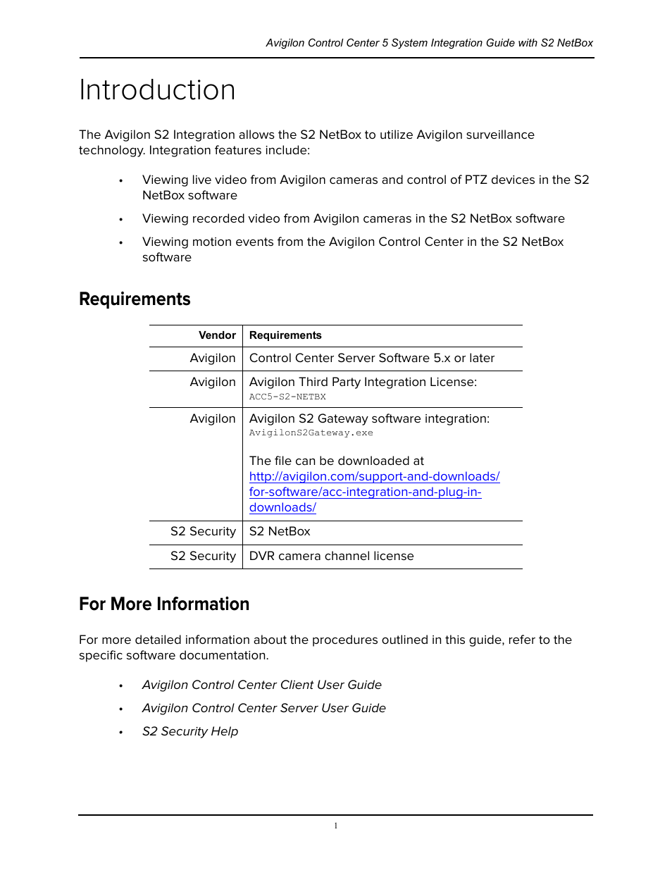 Introduction, Requirements, For more information | Requirements for more information | Avigilon S2 NetBox Integration User Manual | Page 5 / 9