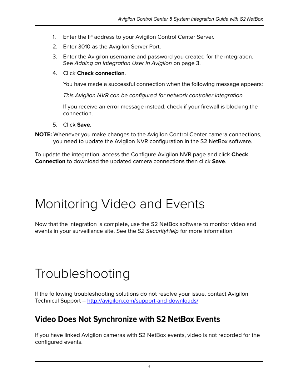 Monitoring video and events, Troubleshooting, Video does not synchronize with s2 netbox events | Avigilon S2 NetBox Integration User Manual | Page 8 / 9