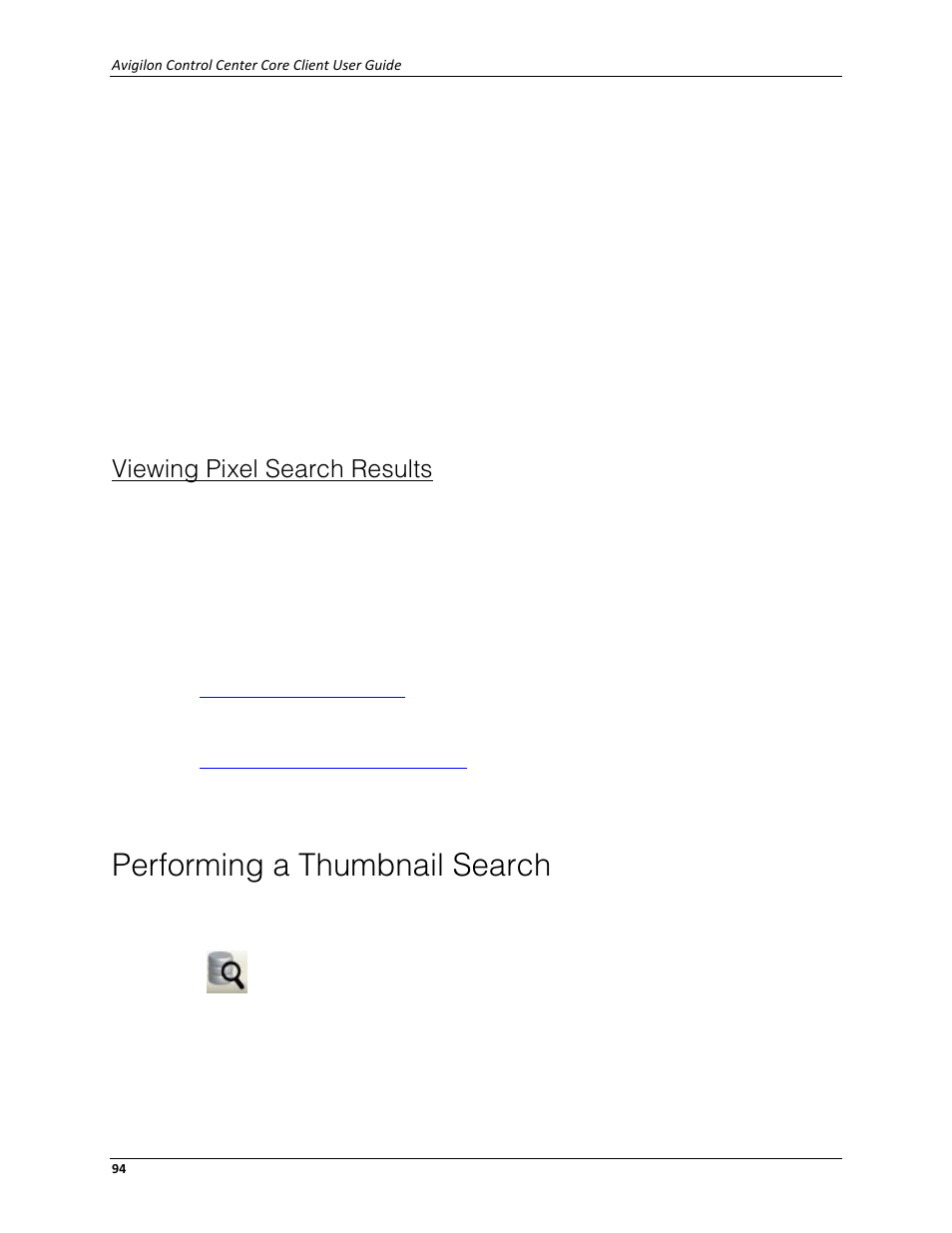 Viewing pixel search results, Performing a thumbnail search | Avigilon ACC Core Client Version 4.12 User Manual | Page 100 / 134