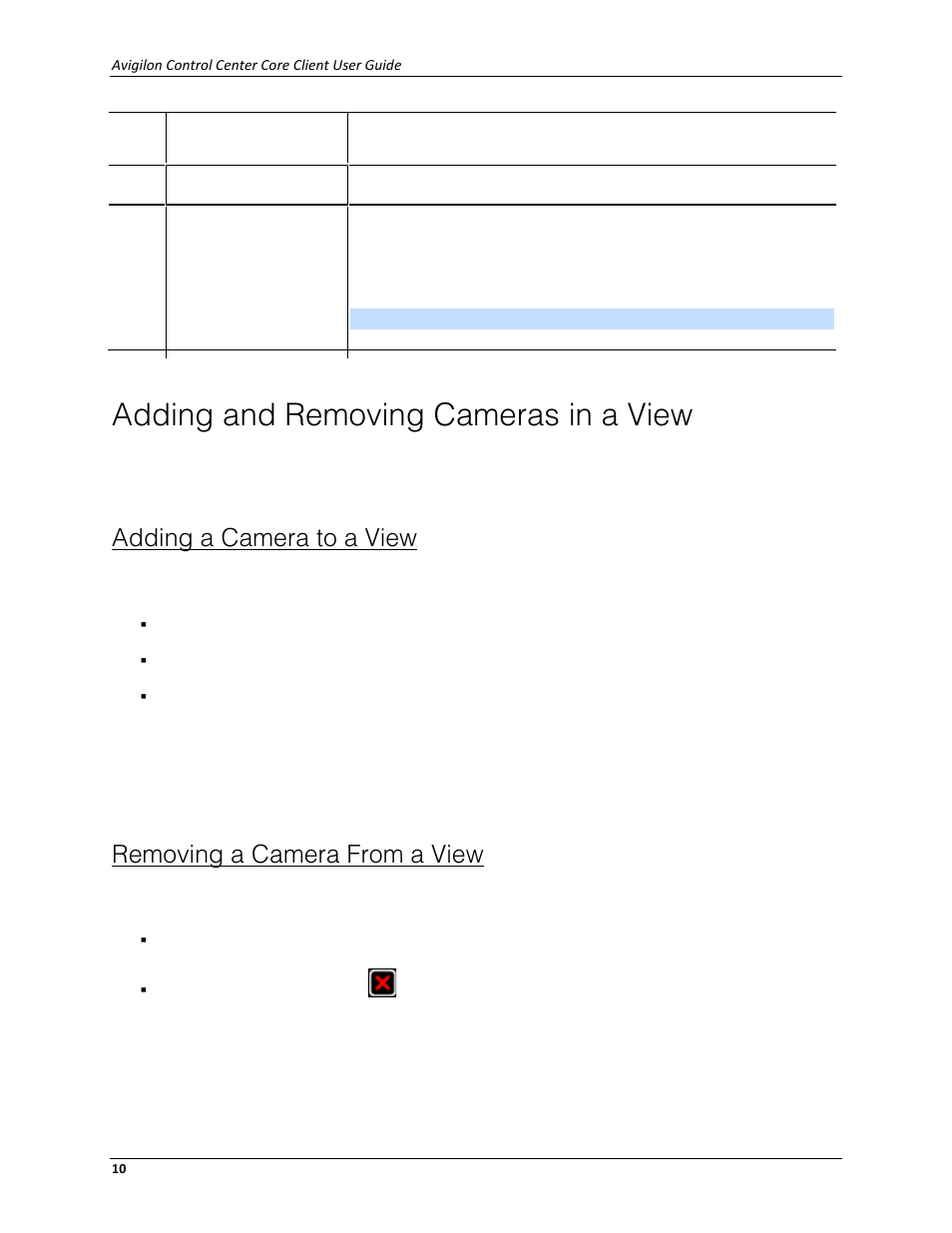 Adding and removing cameras in a view, Adding a camera to a view, Removing a camera from a view | Avigilon ACC Core Client Version 4.12 User Manual | Page 16 / 134