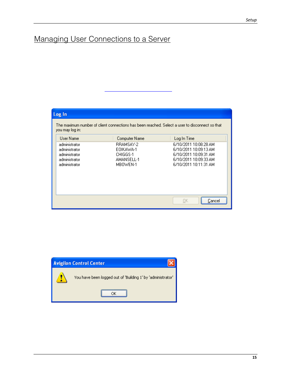 Managing user connections to a server | Avigilon ACC Core Client Version 4.12 User Manual | Page 21 / 134