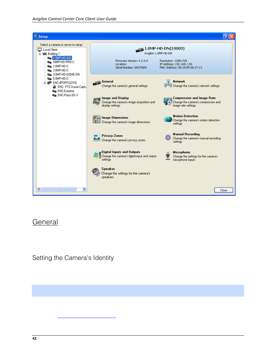 General, Setting the camera's identity | Avigilon ACC Core Client Version 4.12 User Manual | Page 48 / 134