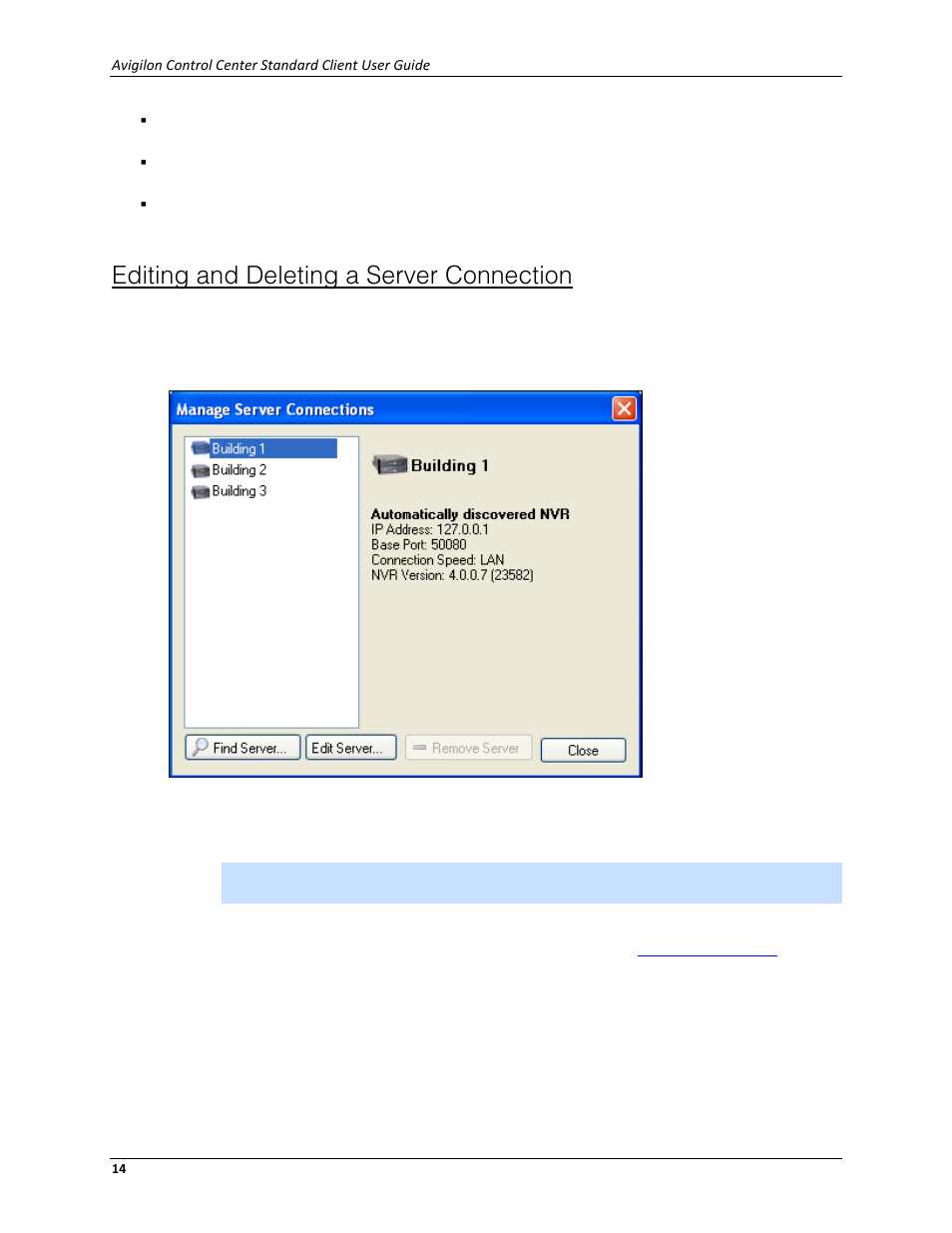 Editing and deleting a server connection | Avigilon ACC Standard Client Version 4.12 User Manual | Page 22 / 159