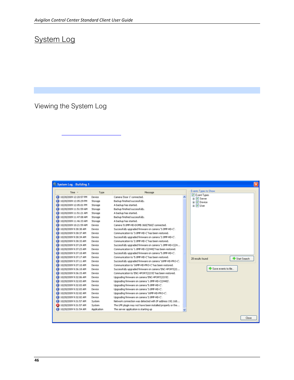 System log, Viewing the system log | Avigilon ACC Standard Client Version 4.12 User Manual | Page 54 / 159