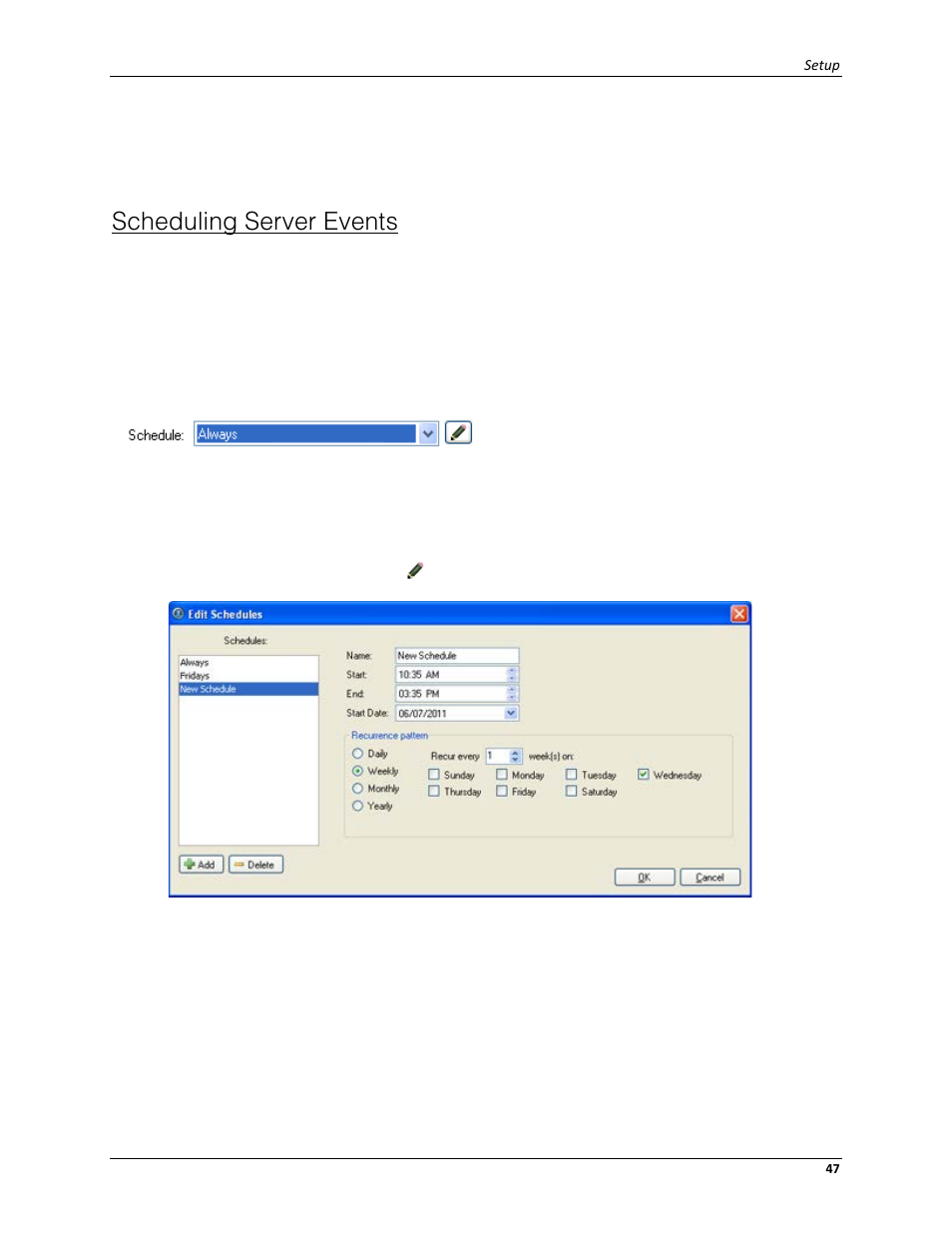 Scheduling server events, Scheduling server, Events | Avigilon ACC Standard Client Version 4.12 User Manual | Page 55 / 159