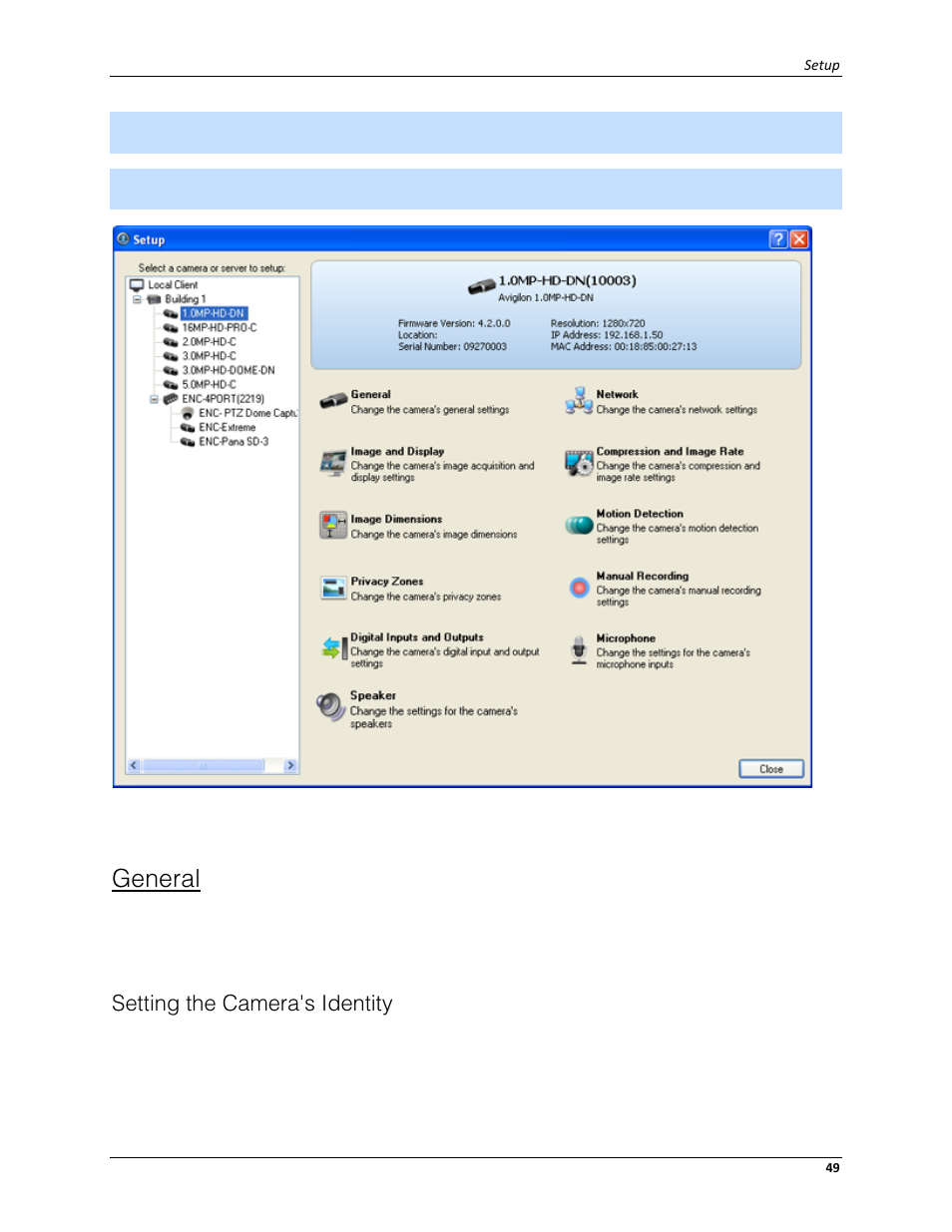 General, Setting the camera's identity | Avigilon ACC Standard Client Version 4.12 User Manual | Page 57 / 159