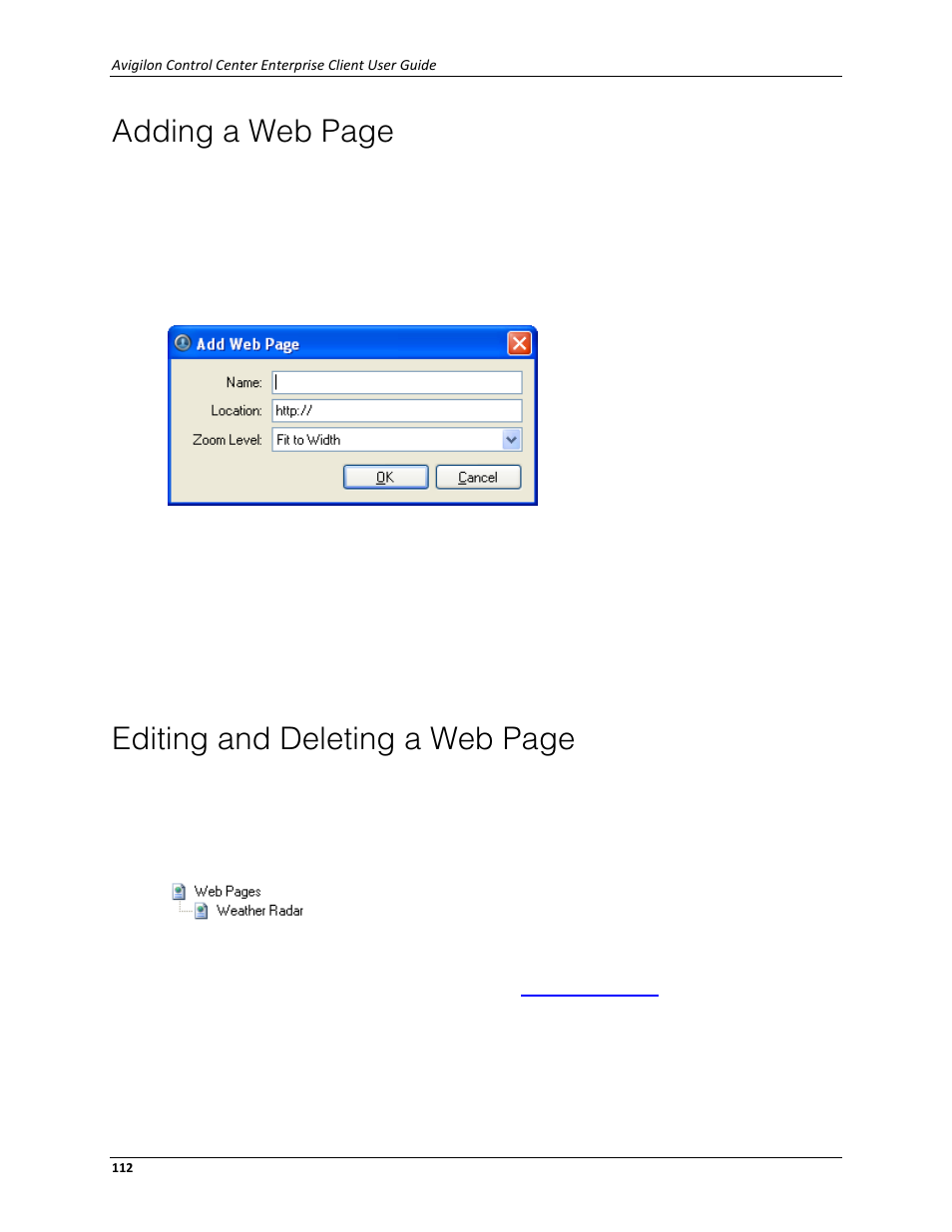 Adding a web page, Editing and deleting a web page | Avigilon ACC Enterprise Client Version 4.12 User Manual | Page 120 / 214