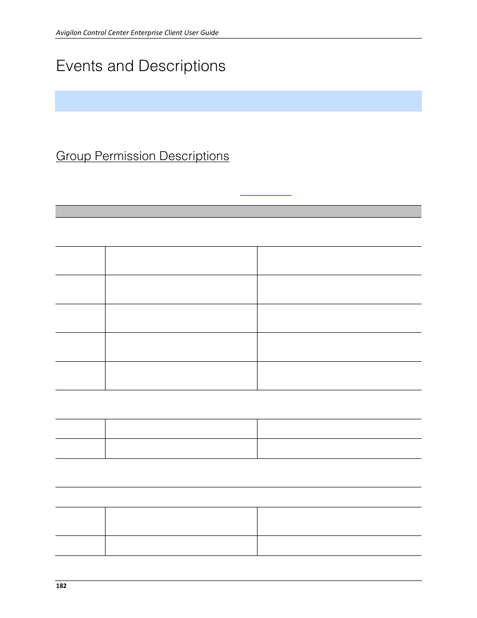 Events and descriptions, Group permission descriptions | Avigilon ACC Enterprise Client Version 4.12 User Manual | Page 190 / 214