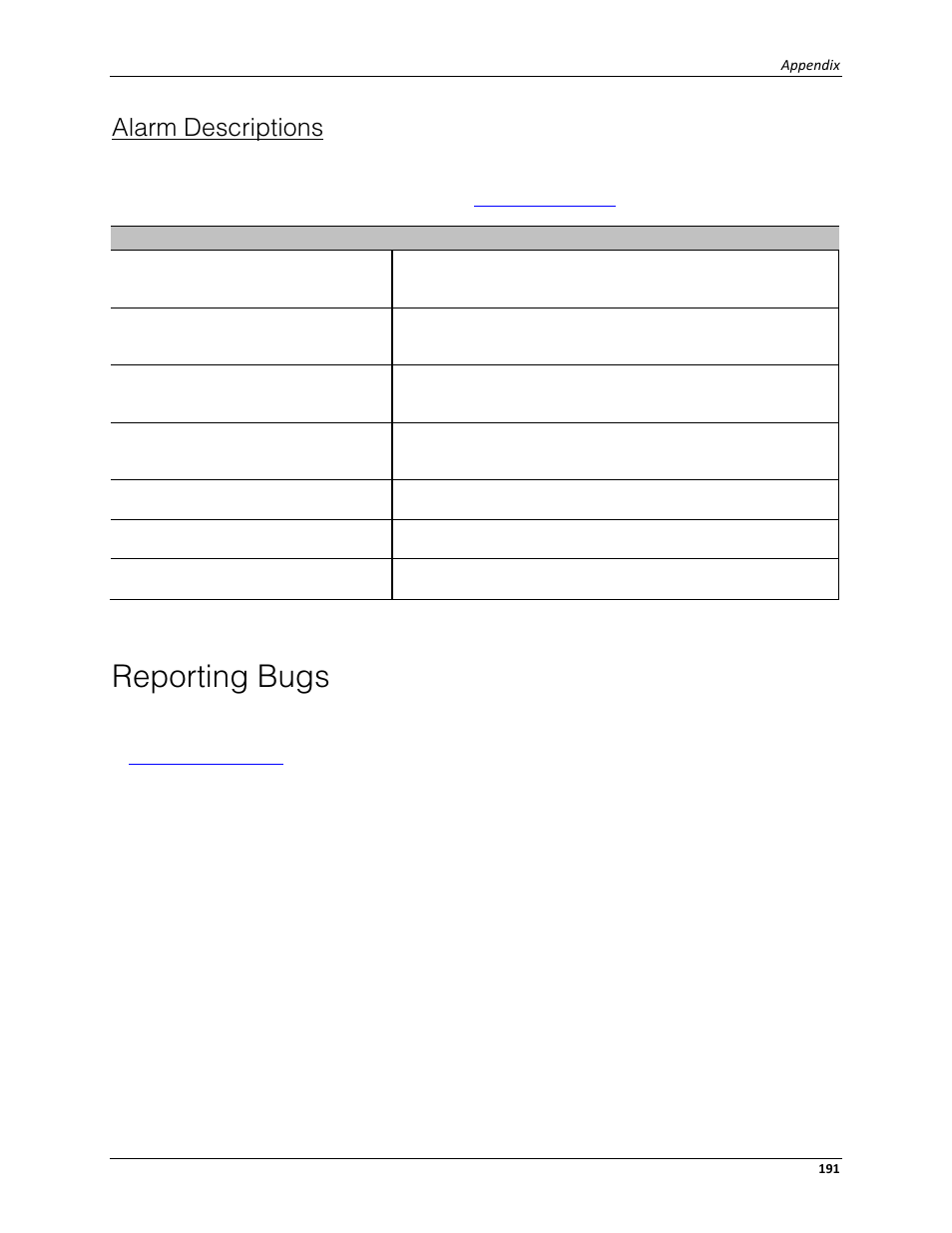 Alarm descriptions, Reporting bugs | Avigilon ACC Enterprise Client Version 4.12 User Manual | Page 199 / 214