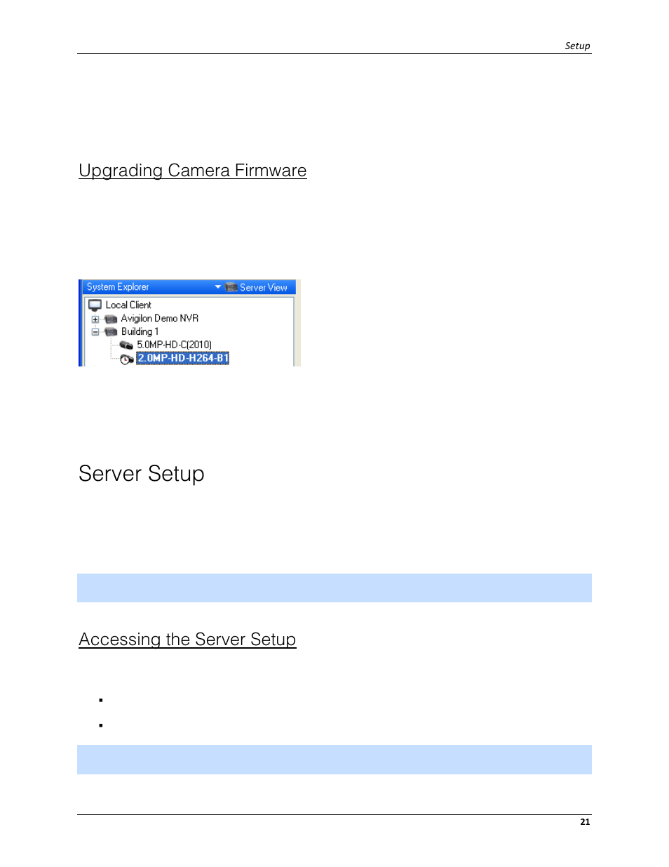 Upgrading camera firmware, Server setup, Accessing the server setup | Avigilon ACC Enterprise Client Version 4.12 User Manual | Page 29 / 214