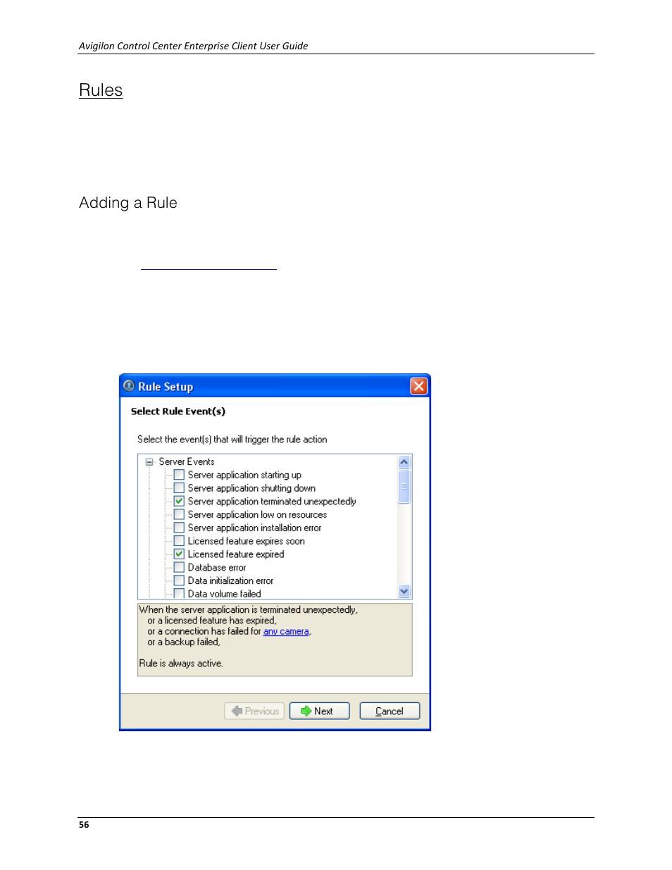 Rules, Adding a rule | Avigilon ACC Enterprise Client Version 4.12 User Manual | Page 64 / 214