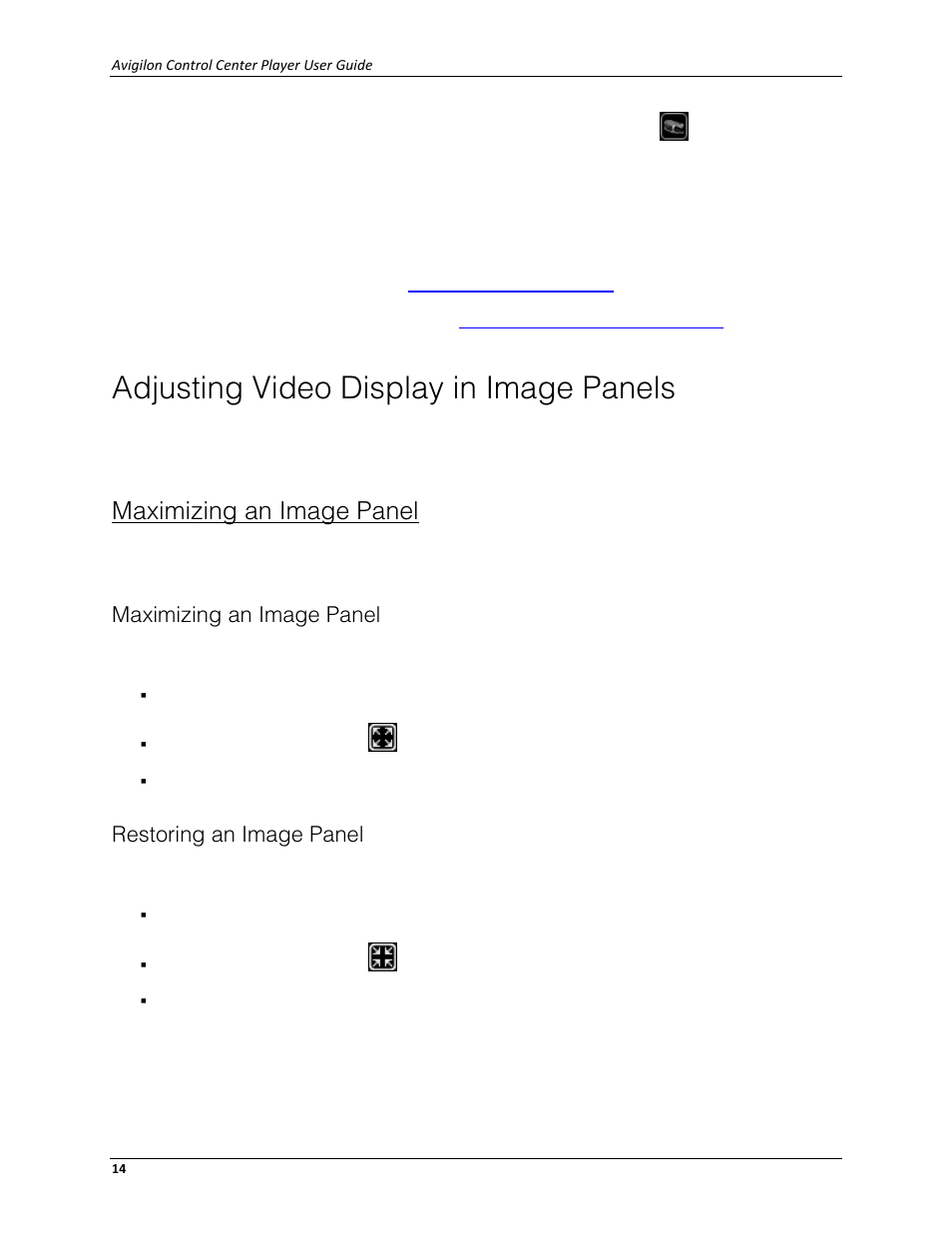 Adjusting video display in image panels, Maximizing an image panel, Restoring an image panel | Avigilon ACC Player Version 4.12 User Manual | Page 18 / 49