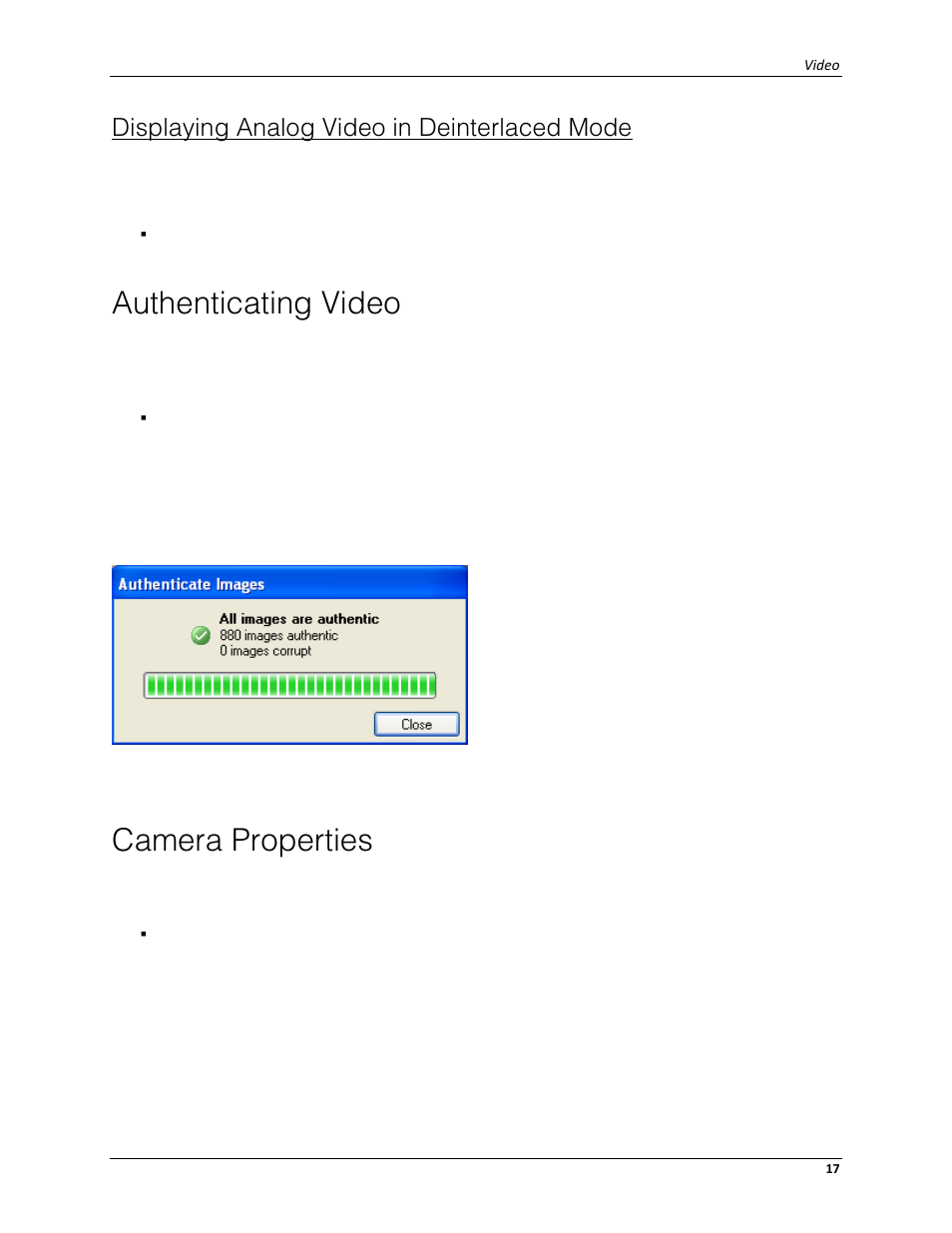 Displaying analog video in deinterlaced mode, Authenticating video, Camera properties | Avigilon ACC Player Version 4.12 User Manual | Page 21 / 49