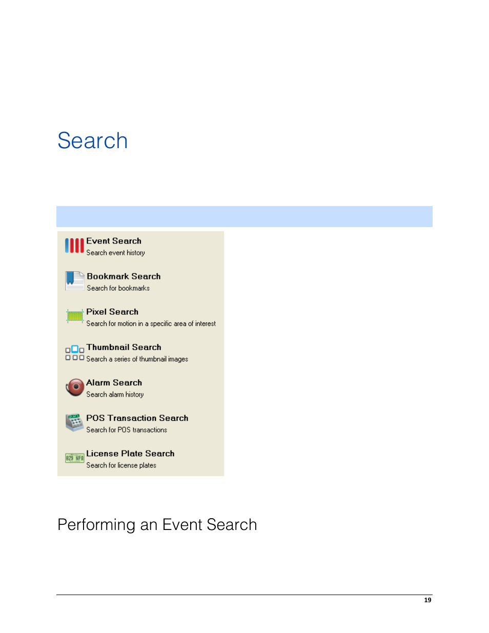 Search, Performing an event search | Avigilon ACC Player Version 4.12 User Manual | Page 23 / 49