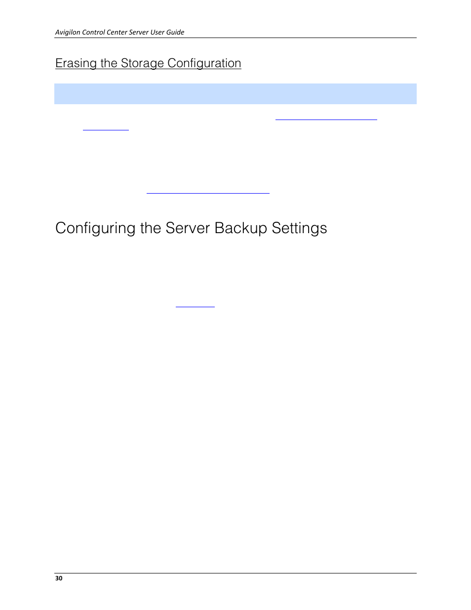 Erasing the storage configuration, Configuring the server backup settings, Configuring the | Server backup settings | Avigilon ACC Server Version 4.12 User Manual | Page 34 / 50