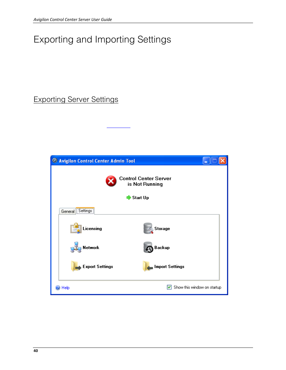 Exporting and importing settings, Exporting server settings | Avigilon ACC Server Version 4.12 User Manual | Page 44 / 50