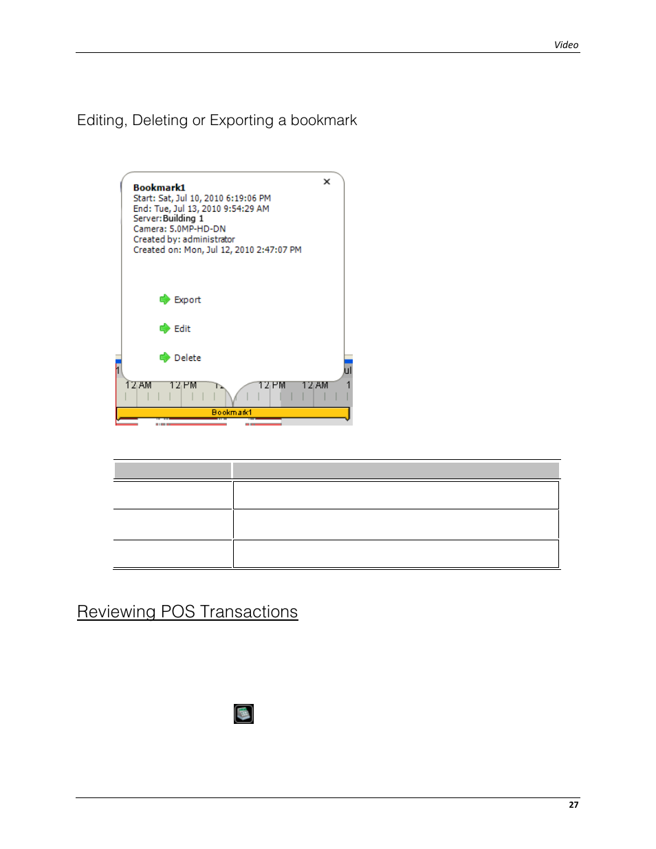 Editing, deleting or exporting a bookmark, Reviewing pos transactions | Avigilon ACC Enterprise Web Client Version 4.12 User Manual | Page 33 / 70