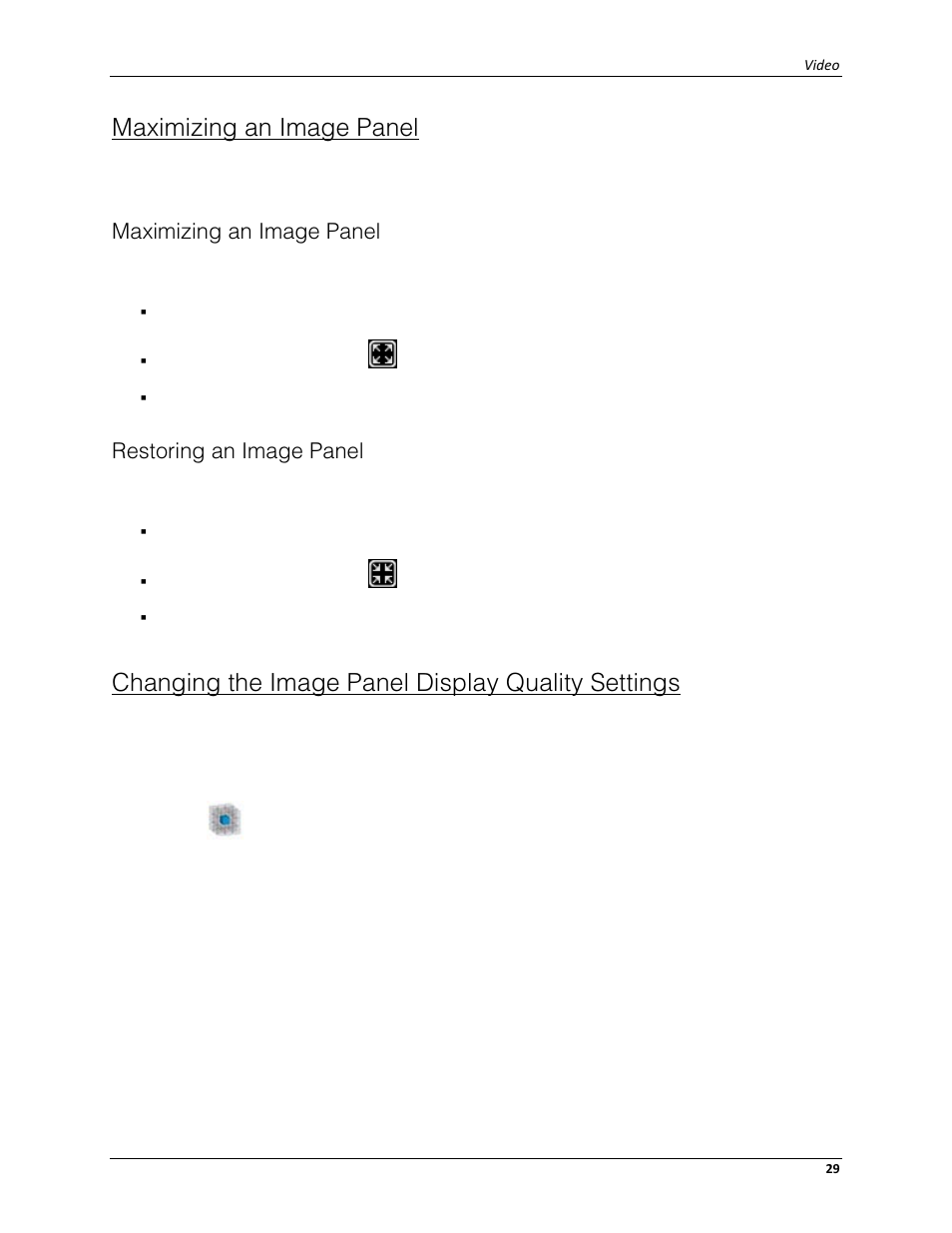 Maximizing an image panel, Restoring an image panel, Changing the image panel display quality settings | Avigilon ACC Enterprise Web Client Version 4.12 User Manual | Page 35 / 70