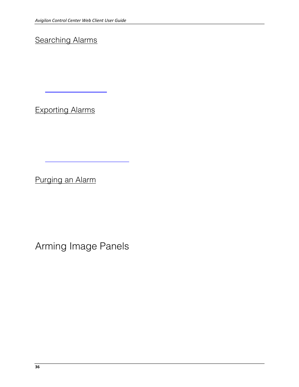Searching alarms, Exporting alarms, Purging an alarm | Arming image panels | Avigilon ACC Enterprise Web Client Version 4.12 User Manual | Page 42 / 70