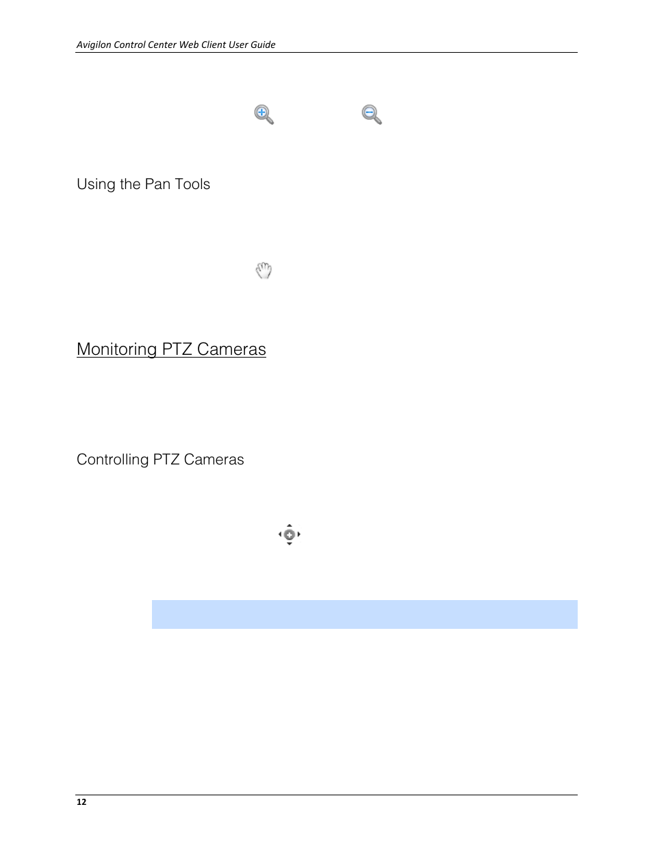 Using the pan tools, Monitoring ptz cameras, Controlling ptz cameras | Avigilon ACC Standard Web Client Version 4.12 User Manual | Page 16 / 57