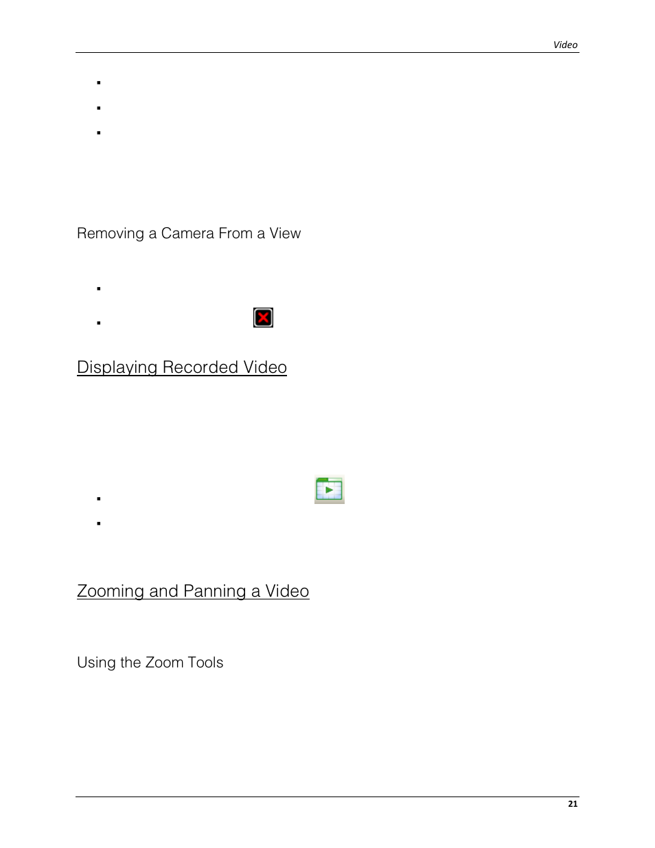 Removing a camera from a view, Displaying recorded video, Zooming and panning a video | Using the zoom tools | Avigilon ACC Standard Web Client Version 4.12 User Manual | Page 25 / 57