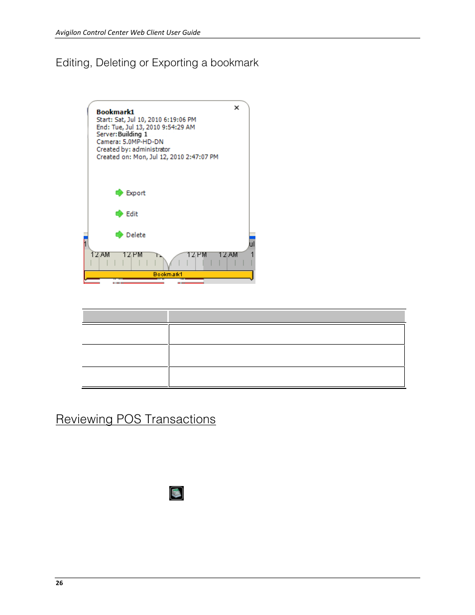 Editing, deleting or exporting a bookmark, Reviewing pos transactions | Avigilon ACC Standard Web Client Version 4.12 User Manual | Page 30 / 57