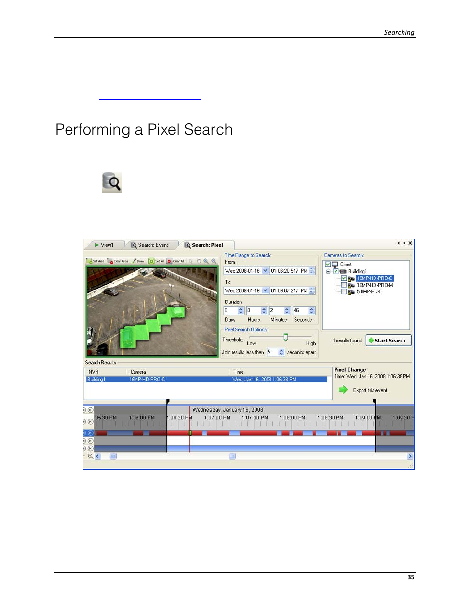 Performing a pixel search, Performing a pos transaction search | Avigilon ACC Standard Web Client Version 4.12 User Manual | Page 39 / 57