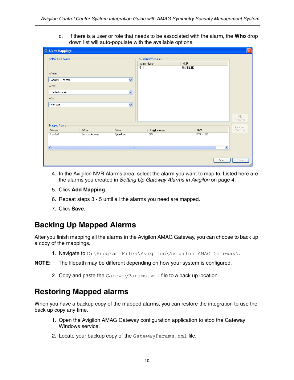 Backing up mapped alarms, Restoring mapped alarms, Backing up mapped alarms restoring mapped alarms | Avigilon AMAG Symmetry Integration User Manual | Page 13 / 16