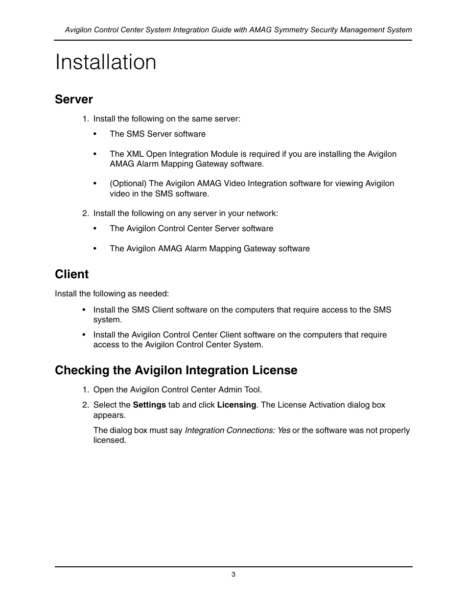 Installation, Server, Client | Checking the avigilon integration license | Avigilon AMAG Symmetry Integration User Manual | Page 6 / 16