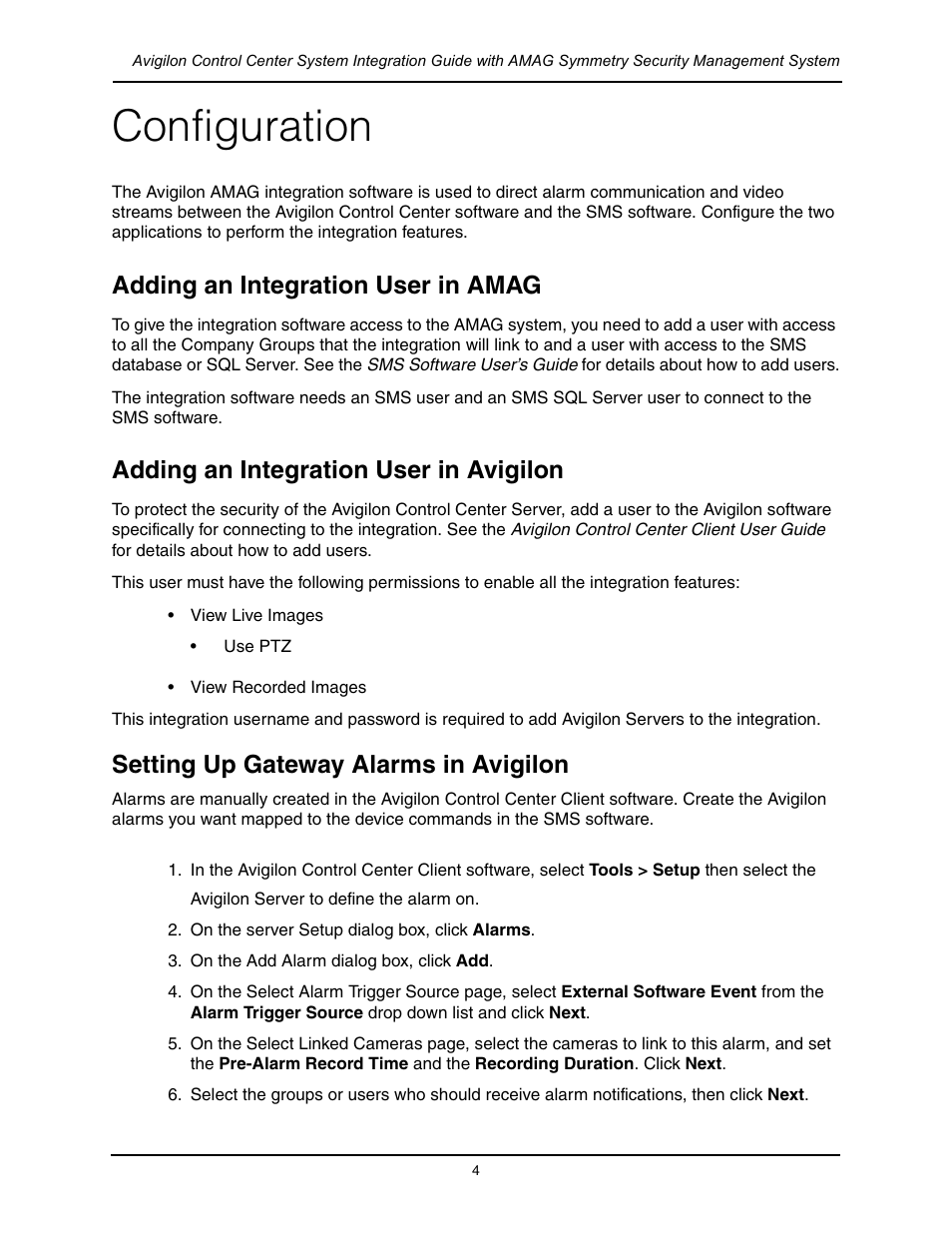 Configuration, Adding an integration user in amag, Adding an integration user in avigilon | Setting up gateway alarms in avigilon | Avigilon AMAG Symmetry Integration User Manual | Page 7 / 16