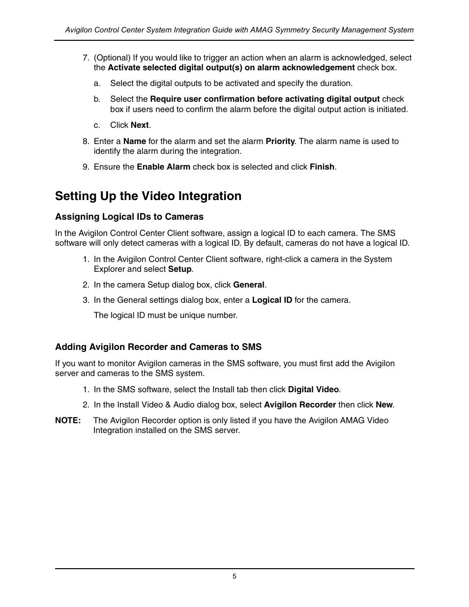 Setting up the video integration, Assigning logical ids to cameras, Adding avigilon recorder and cameras to sms | Avigilon AMAG Symmetry Integration User Manual | Page 8 / 16