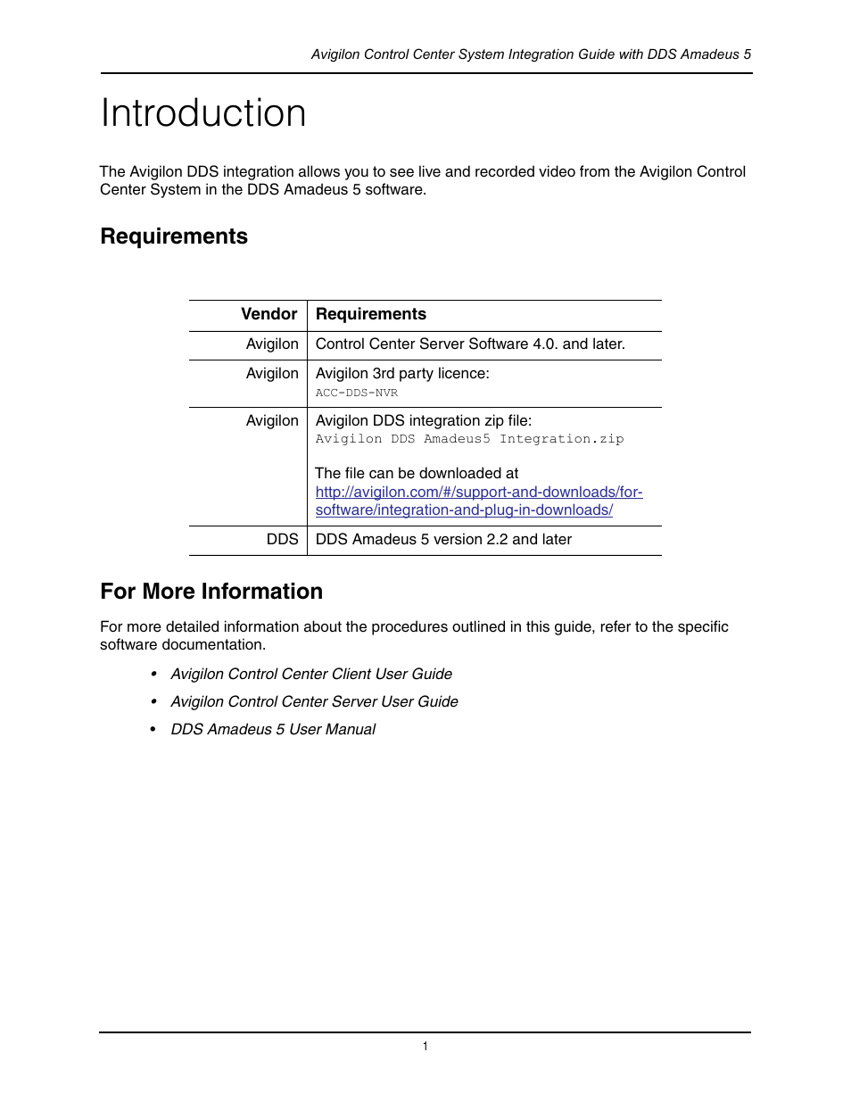 Introduction, Requirements, For more information | Requirements for more information | Avigilon DDS Amadeus 5 Integration User Manual | Page 5 / 10
